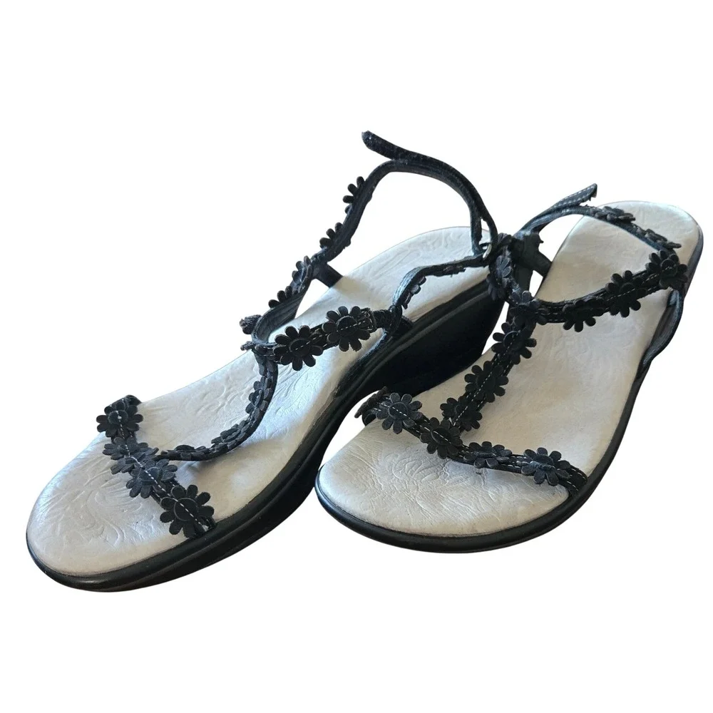 Jambu Womens Black Floral T-Strap Wedge Sandals Memory Foam Comfort Size 7.5M